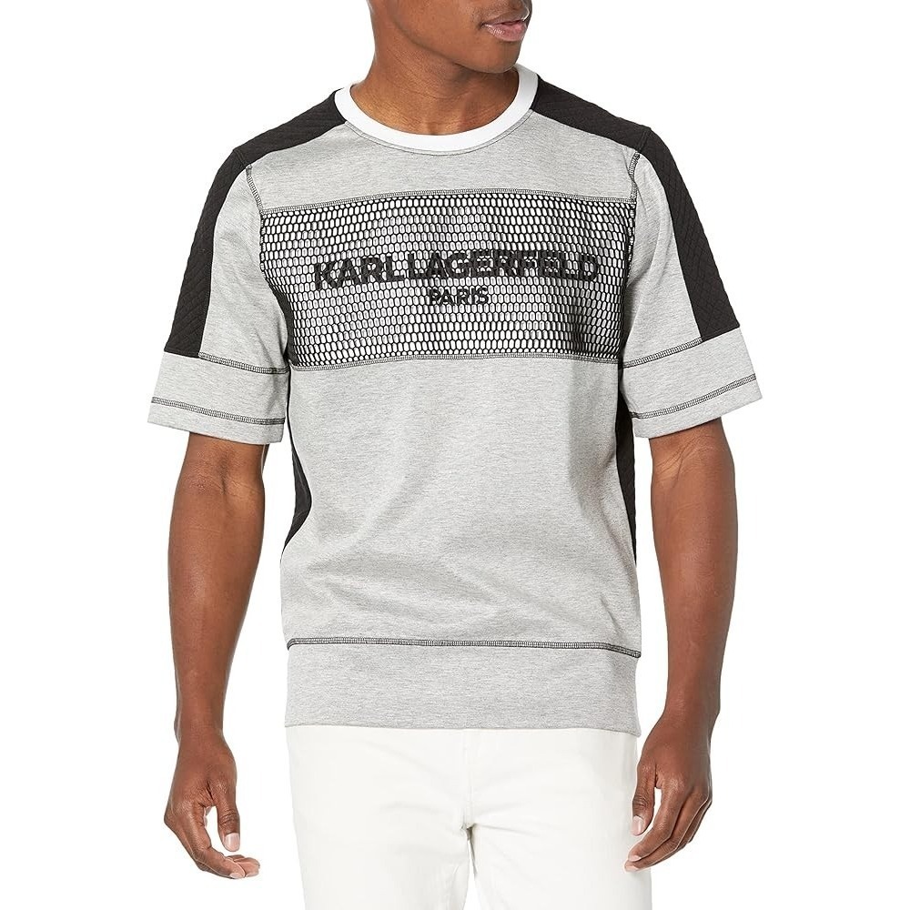Karl Lagerfeld Shirt Men M Contrast Fabric Mesh Logo Sweater Short Sleeve Paris